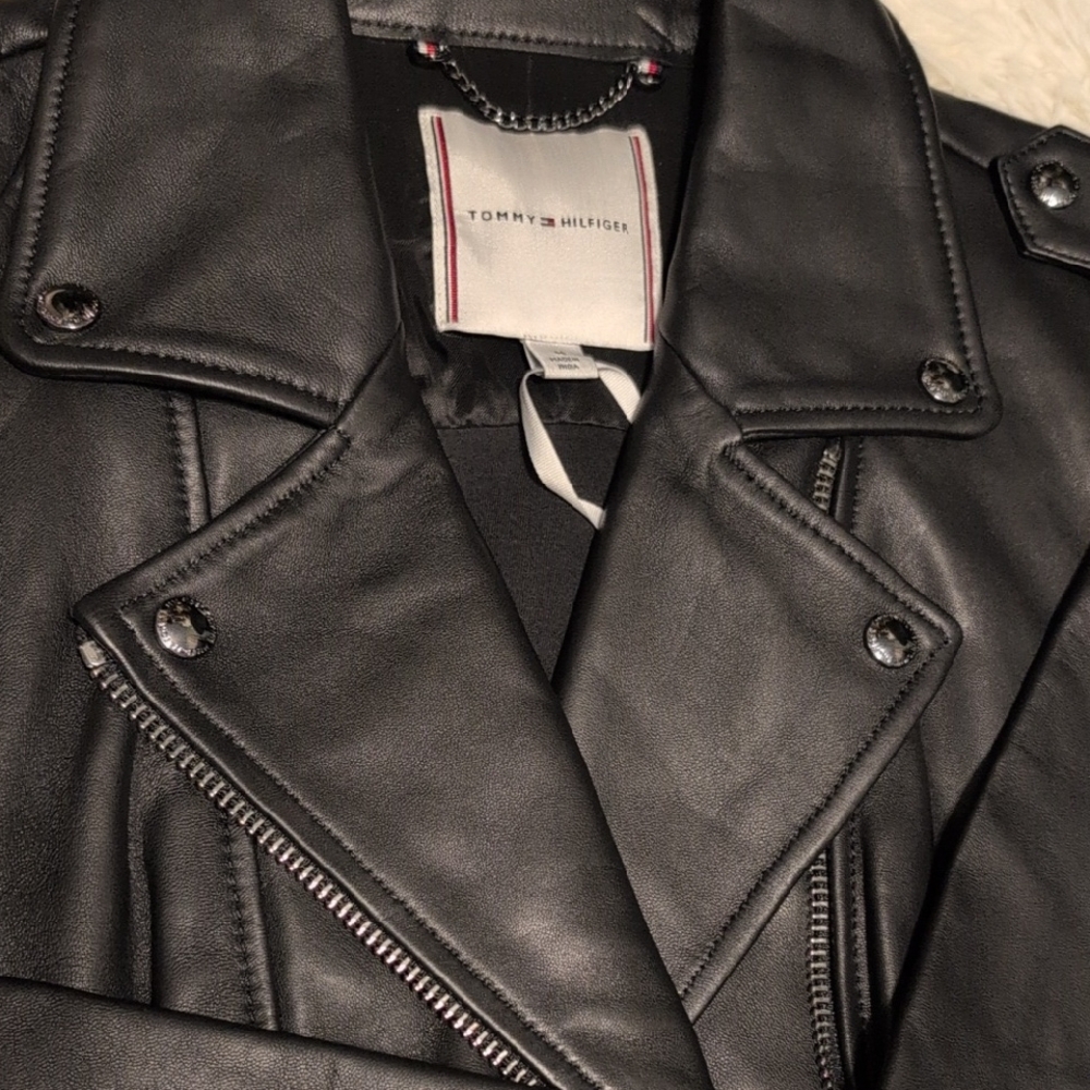 Nwt Tommy Hilfiger Black Leather Biker Jacket India Dress Club 46 US 14 - Picture 16 of 16